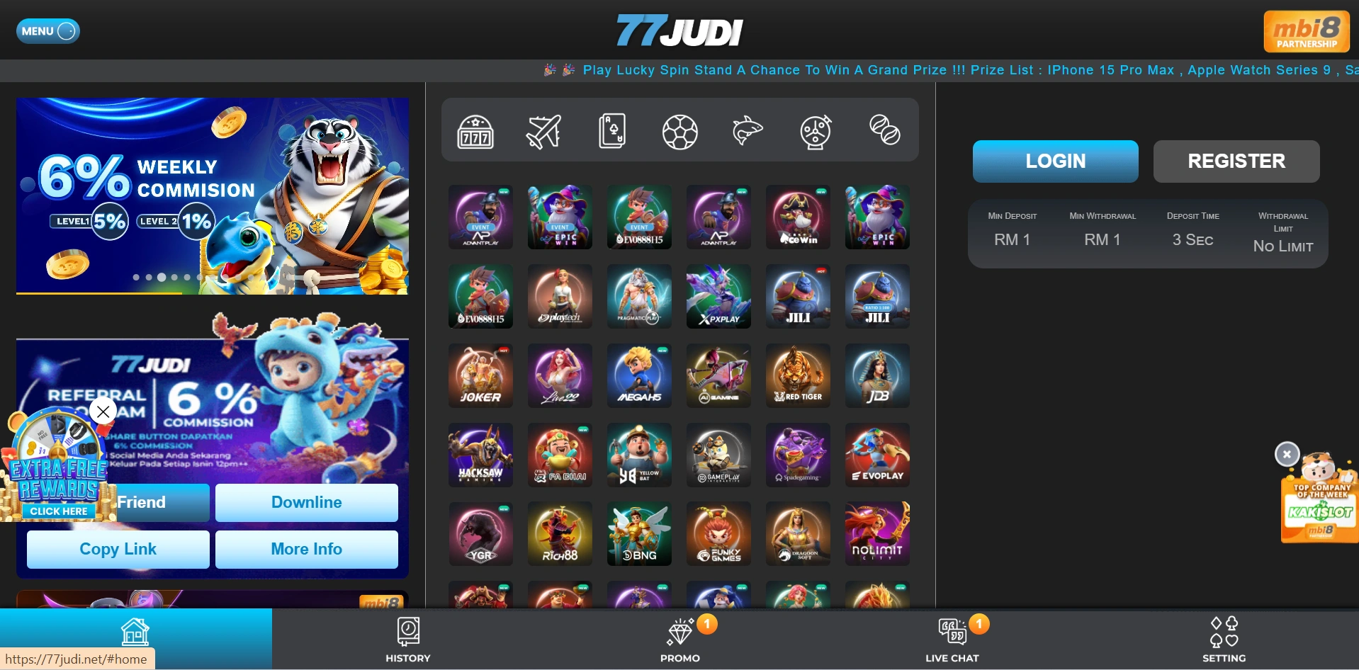 77Judi Malaysia platform interface showing login access and slot game selection